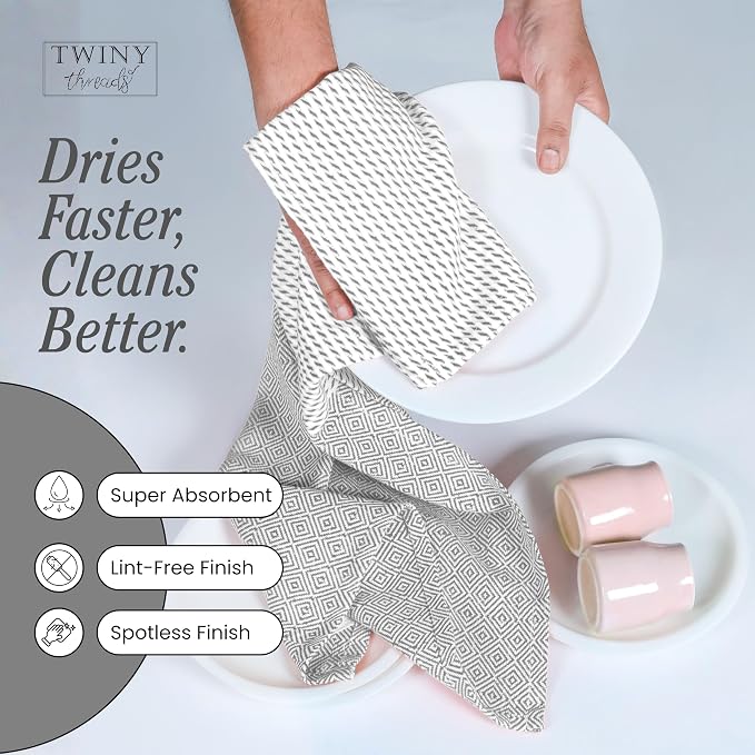 TWINY threads Dish Towel Diamond Weave, Premium 100% Cotton Kitchen Linen Set, Large Dish Rags and Wash Rags, Absorbent Quick Drying, Washable Reusable Dishcloth Set, 4 Pack, 18"x26", Light Grey
