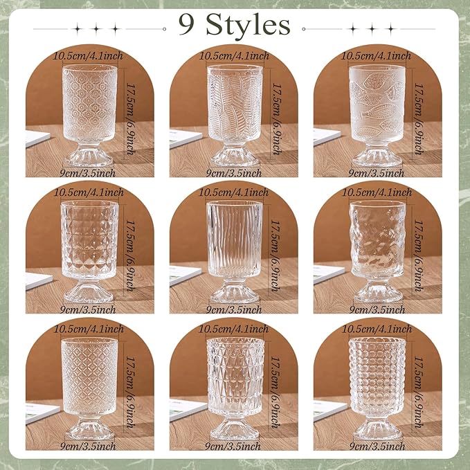 9 Set (H:7 Inch W:4 Inch) Flower Crystal Glass Vases Embossed Pedestal Vases for Centerpieces Hydroponic Glass Transparent Bottle for Home Office Wedding Dining Table Party(Clear)