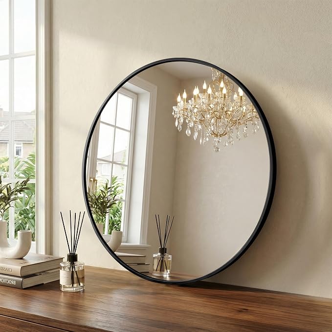 Sweetcrispy Round Bathroom Mirror for Over Sink, 24 Inch Wall Mounted Vanity Mirror with Matte Metal Frame, Decor for Bathroom, Entryway, Bedroom, Black