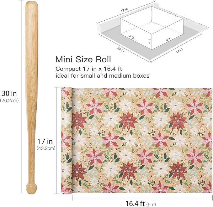 RUSPEPA Kraft Christmas Poinsettia Wrapping Paper Roll, Mini Roll, Red & Pink Floral with Greenery Design, Kraft Holiday Gift Wrap for Women, Family, Rustic Xmas Gifts, 17 Inches x 16.4 Feet