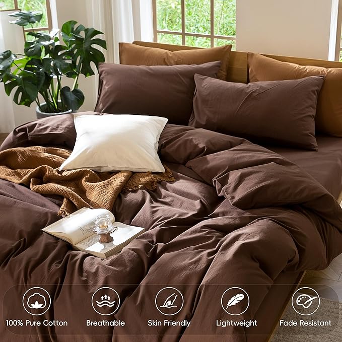 MooMee Bedding Duvet Cover Set 100% Washed Cotton Linen Like Textured Breathable Durable Soft Comfy (Solid Cocoa Brown, Super Queen 90"x98")