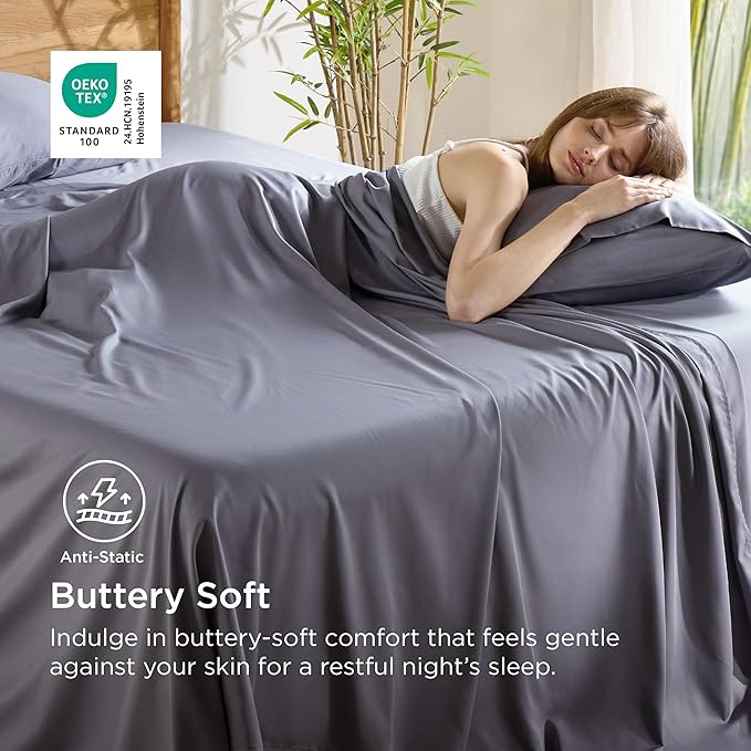 Bedsure Cooling Sheets for Full Size Bed, Viscose Derived from Bamboo, Deep Pocket up to 16", Breathable Soft Bed Sheets & Pillowcases, Dark Grey