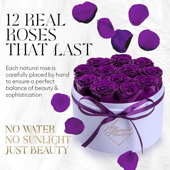 GLAMOUR BOUTIQUE Flower Forever Gift Box 12 Real Preserved Roses in Round Velvet White Box, Handmade, Rose Petals, Birthday, Marriage, Anniversary, Graduation - Purple
