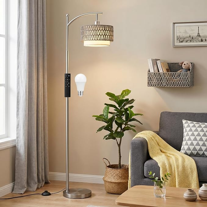Ambimall Arc Floor Lamp for Living Room with Remote, Color Temperature & Brightness Adjustable, Boho Standing Lamp with Rattan & Fabric Double Drum Shades, Bulb Included(Deep Gray)
