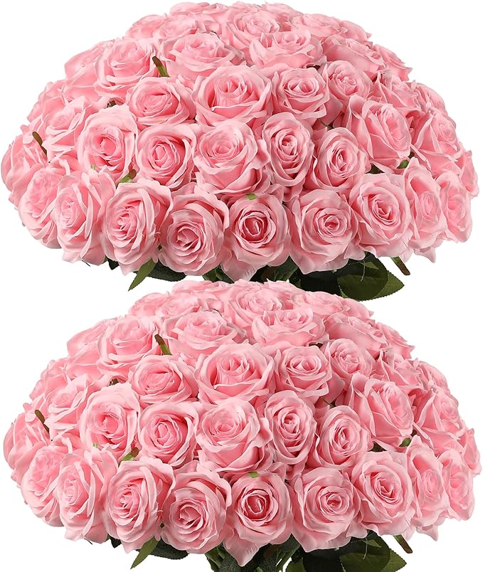 Kisflower 60 Pcs Pink Roses Artificial Flowers Bulk, Silk Roses with Stems Realistic Roses Artificial for Decoration DIY Wedding Bouquet Bridal Shower Party Home Table Centerpieces Decor (Pink)