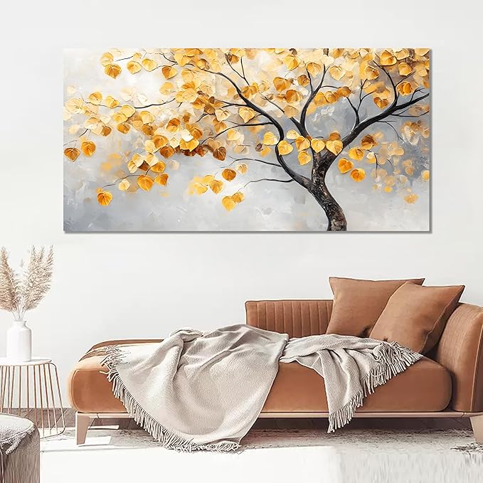 Tarfupth Gold Tree of Life Wall Art for Living Room Tree Leaves Large Artwork for Bedroom Office Kitchen Modern Canvas Prints 24x48 Inch