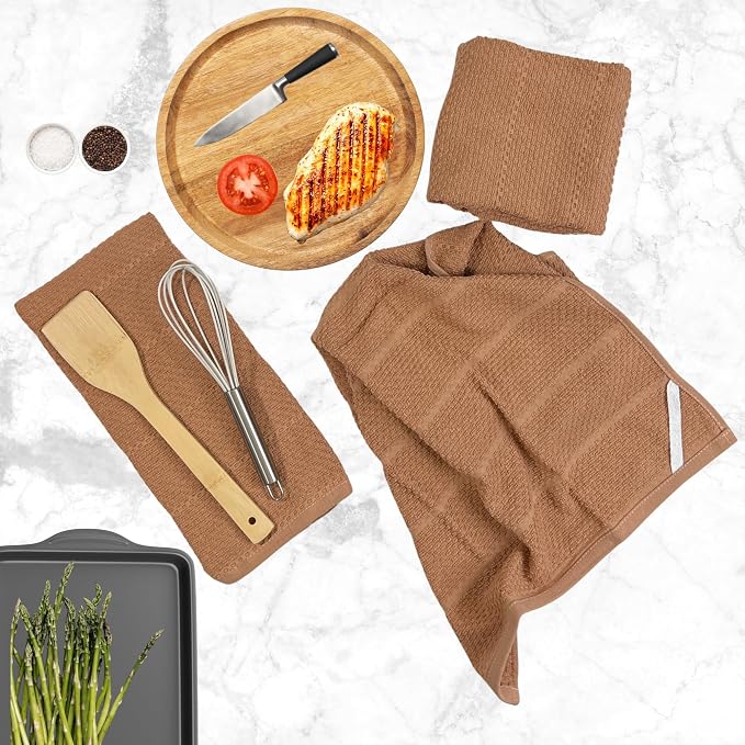 Beige Clay Peach Blush Tan Pink Kitchen Hand Dish Towels: Oversized 28" x 18",100% Cotton Cloth Soft Cleaning Drying Absorbent Textured Design, Set of 3 Multipurpose for Everyday Use (Sandstone)