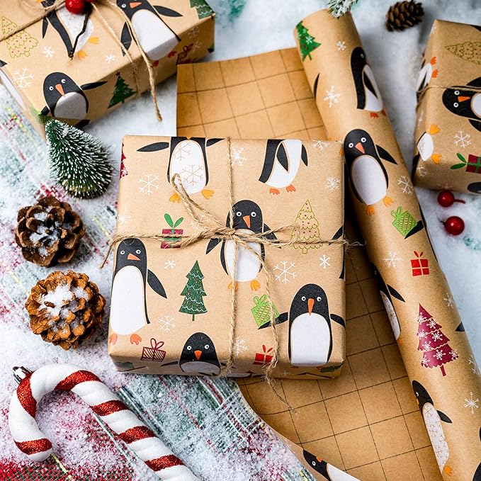 MAYPLUSS Christmas Wrapping Paper Roll - 17IN X 33FT - Kraft Gift Wrapping Paper Featuring Cute Penguin Christmas Tree Snowflake Reversible Cut Lines for Kids, Holiday, New Year
