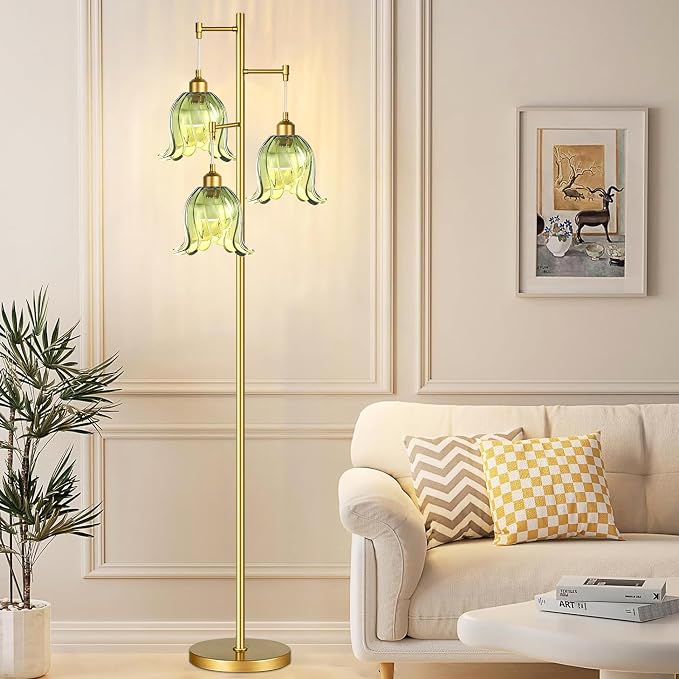 QIYIZM Gold Floor Lamp for Living Room,Bedroom,Tree 3 Light Standing Lamp Mid Century Modern Brass Tall Floor Lamps Vintage Retro Floor Lights Green Glass Flower Lamp Shade Farmhouse Boho Bohemian