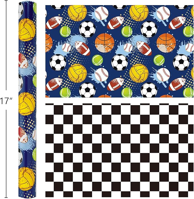 Burymento Ball Wrapping Paper, Reversible Checkerboard Grid Gift Wrap for Birthday, Valentines, Mothers day, Graduation, Wedding, Fathers day, Baby Shower, Christmas (17in x 16.4ft)
