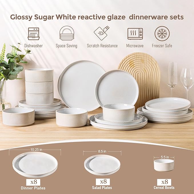 GBHOME 24-Piece Stoneware Dinnerware Set for 8 – Ribbed Ceramic Plates and Bowls, Scratch-Resistant, Microwave & Dishwasher Safe, Reactive Glaze, Sugar White