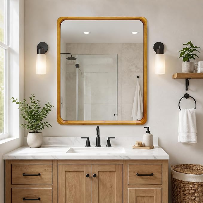 Tanmicoshomy Natural Wood Bathroom Mirror 30 x 36 Inch, Rectangle Mirrors with Tempered Glass for Living Room Bedroom or Entryway