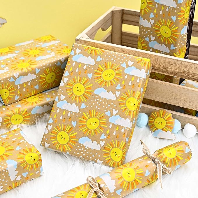 MAYPLUSS Kraft Baby Shower Wrapping Paper, Recyclable Sunshine, Cloud & Heart Design Baby Gift Wrap Paper for Children Birthday, Party, Holiday, Cute Wrapping Paper Mini Roll (17 Inch X 16.5 Feet)