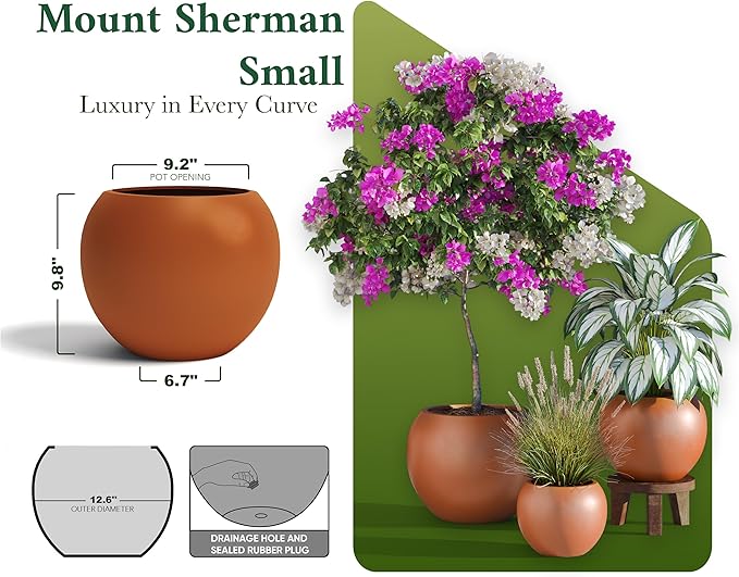 DTY Signature Mount Sherman Modern Indoor Outdoor Fiberstone Sphere Planter, Durable Round Garden Pot, Weather Resistant, Drainage Hole & Rubber Plug, Planter for Christmas Tree - Small, Terracotta