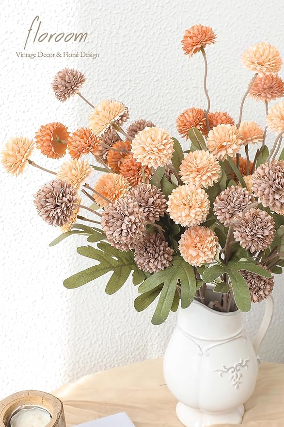 Floroom 9pcs Burnt Orange Taupe Mix Faux Silk Mums Artificial Flowers, Bulk Fake Small Mini Chrysanthemums with Stems for DIY Wedding Centerpieces Floral Arrangements Vase Fillers Home Decorations