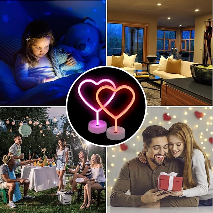 BRIGHTDECK Valentines Day Decorations, 2 Pack Heart Neon Signs, LED Pink Lights Battery Operated or USB Powered, Neon Lights Heart Decor for Valentine's Day Gifts, Wedding, Party, Pink Room Decor
