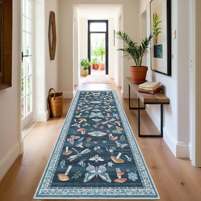 Washable 2x6 Vintage Runners for Hallway Entryway Retro Distressed Kitchen Carpet Runner Low Pile Soft Bedside Boho Carpet Non Slip Bath Rug Non Shed Thin Floral Accent Carpets, Blue
