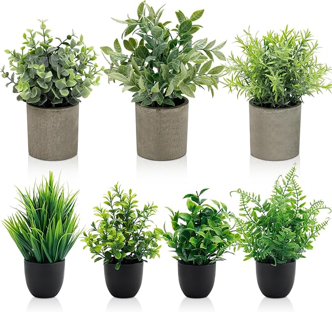 Artificial Potted Plants Faux Greenery in Cement Pots for Shelf, Bookshelf, Office or Home Decor, Small Decorative Fake Plants for Modern Indoor Display (7, XXL)