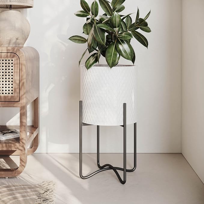 EverNest Claire Mid-Century Modern White Plant Pot with Ambrose Stand, SelectBase, Indoor Plant Pot, Bohemian Style, Minimalist Plant Home Décor (Large, Black)