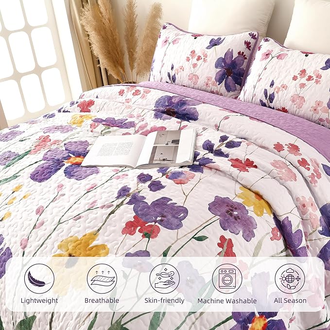 Anibedding Purple Quilt Set Full, Floral Pattern Microfiber Bedspreads Full Size 3 Pieces Lightweight Reversible Bedding Set with 2 Pillowcases(78"x90")