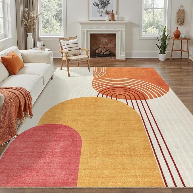 DCX Abstract Machine Washable 8x10 Rug, Mid Century Modern Rug for Living Room, Soft Low Pile Non Slip Carpet, Kid & Pet Friendly Stain Resistant Rug for Bedroom Dining Room Office, Orange & Yellow