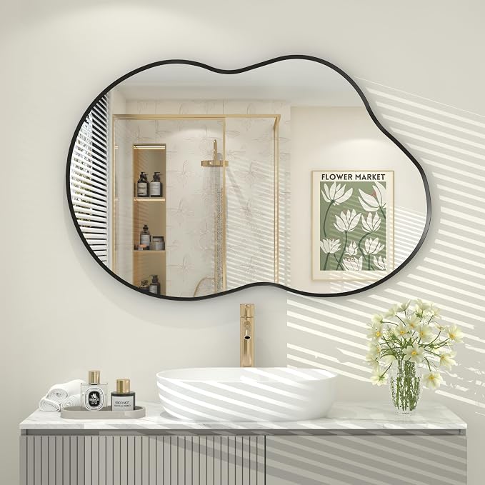 20x32 Black Irregular Wall Mirror, Black Asymmetrical Mirror with Aluminum Alloy Frame for Bathroom Bedroom Entryway, Shatterproof, Anti-Rust(Horizontally/Vertically)