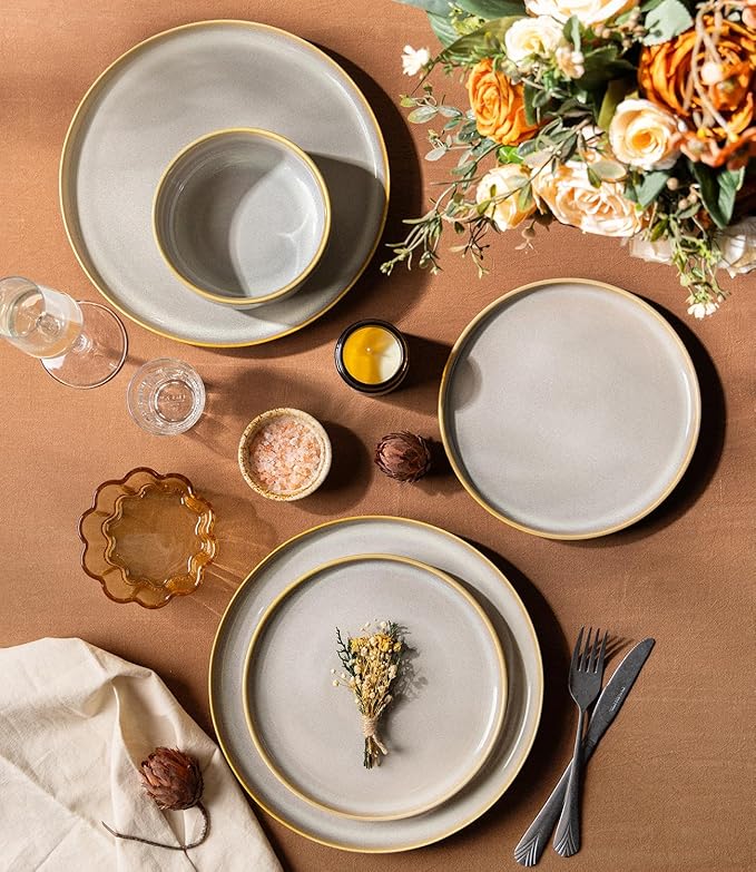 TheTerra Ceramic Dinnerware Sets for 6, 18 Pieces Handmade Reactive Glaze Plates and Bowls Set, Scratch Resistant Dish Set, Oven & Microwave & Dishwasher Safe, Autumn Haze