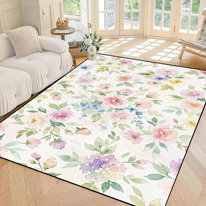 Watercolor Floral Rug 4'x6' Soft Pastel Botanical Area Rug for Entryway Bedroom Living Room Nursery Kitchen Playroom Home Decor Low Pile Non-Slip Washable Carpet