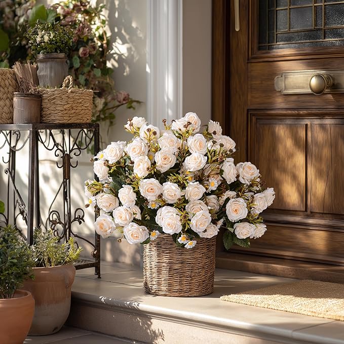 Artificial Rose Flowers for Outdoor 4 Bundles Rose Bouquet with Daisy Faux Flowers UV Resistant for Home Indoor Outside Garden Porch Window Box Balcony Yard Porch Fall Decor (White)