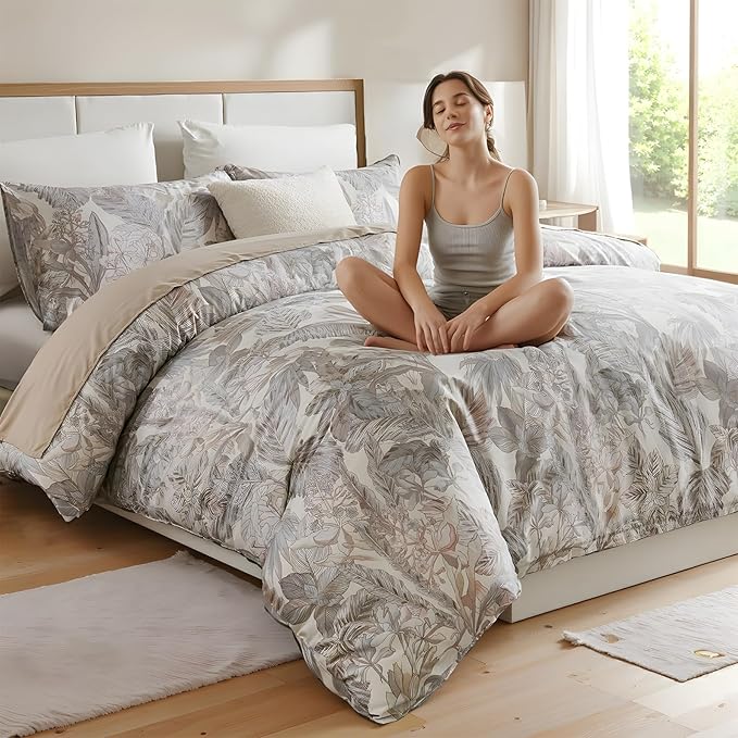 100% Cotton Duvet Cover King Size – Elegant Vintage Botanical Bedding Set with Zipper Closure, 3 Pieces Soft Breathable Neutral Floral Print Comforter Cover with 2 Pillowcases
