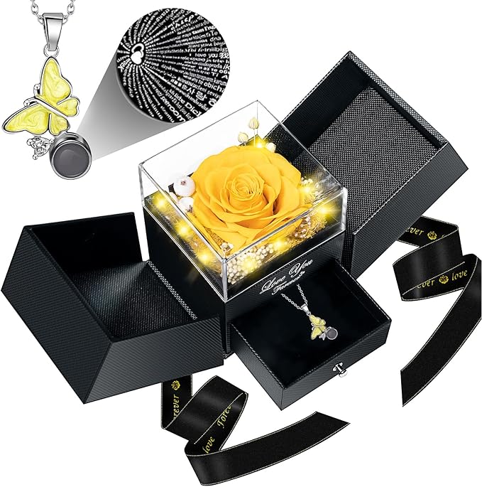 DRTINA Preserved Yellow Real Rose with I Love You Butterfly Necklace-Eternal Flowers Rose Birthday Gifts for Women Wife Mom Girlfriend Grandma on Mothers Day Valentines Anniversary Christmas Romantic