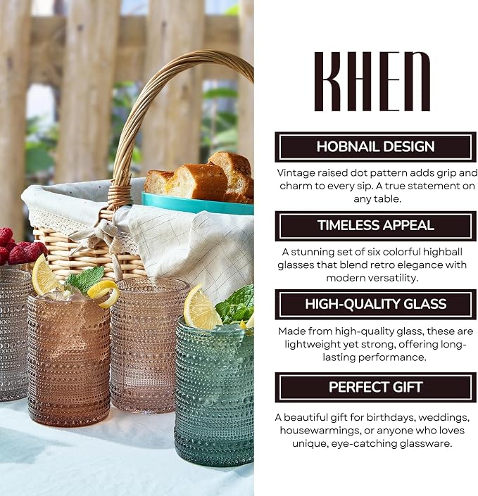 Khen Hobnail Drinking Glasses & Straws, 6x Neutral Muted Colors 14oz Vintage Glassware Set of 6 Embossed Vintage Water Cups, Highball Glasses for Cocktail, Whiskey, Beer & Juice, Dishwasher Safe Gift