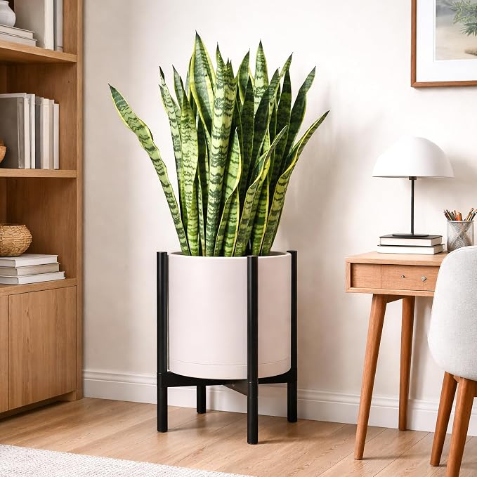 D'vine Dev Planter Pot with Stand - 16 Inch Plastic Cylinder Flower Pot with Wood Planter Holder for Indoor, Oatmeal Pot + Ebony Stand, 55-C-Z-4