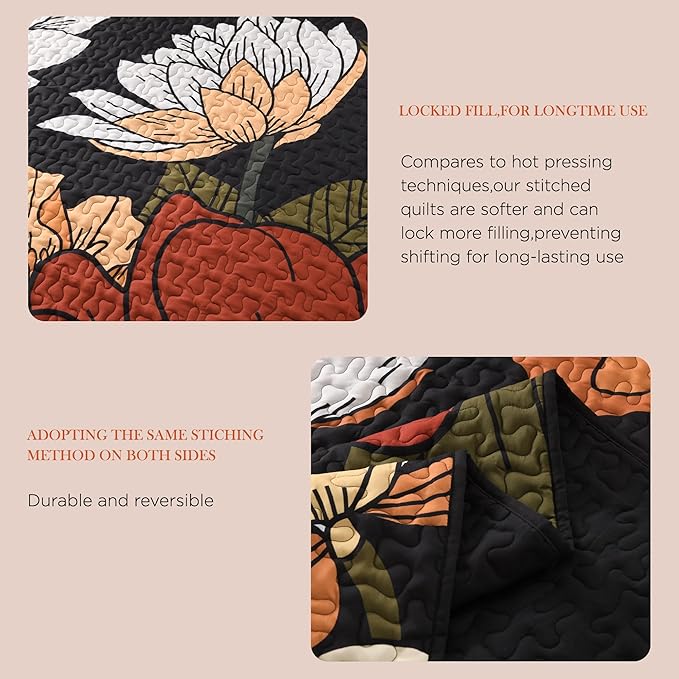Andency Floral Boho Quilt King Size Bedding Set Black, 3 Pieces Farmhouse Flower Botanical Summer Bedspreads with 2 Shams, Soft Reversible Lightweight Microfiber Coverlet Set for All Season, 106"x96"