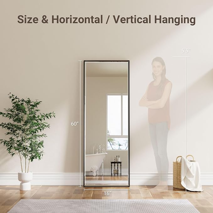 Black Framed Rectangle Beveled Full Length Mirror 16x60 Inch, Anti‑Rust Standing or Wall Mounted Full Body Mirror for Bedroom, Living Room, Entryway, Bathroom Wall