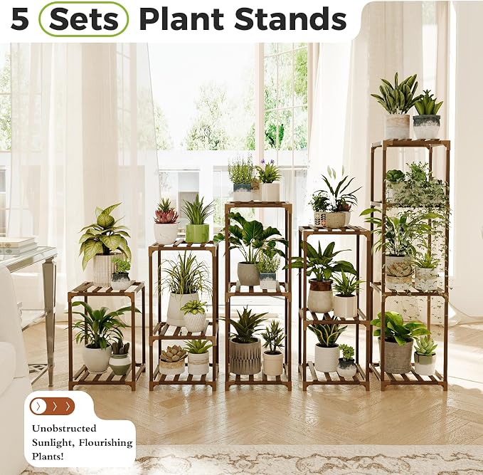 Bamworld Plant Stands Indoor 5 Sets Plant Shelves Outdoor Wooden Plant Holder for Multiple Plants Flower Stands for Living Room Balcony Garden Patio Lawn Window