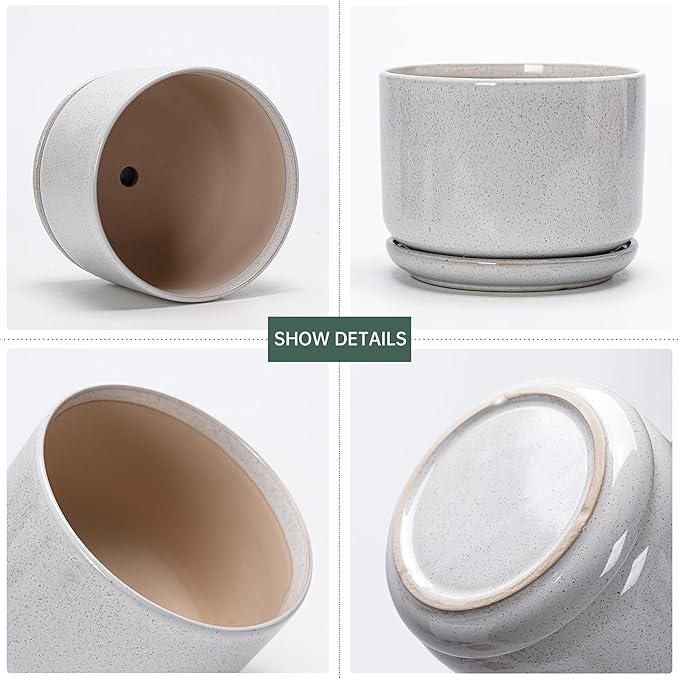 Ton Sin Plant Pots, 4.1+5.1+6.5 inch, Set of 3, Ceramic Planters with Drainage Hole and Saucer, Indoor Flower Pot with Drainage Hole, Gifts for Mom(Reactive Glaze White)
