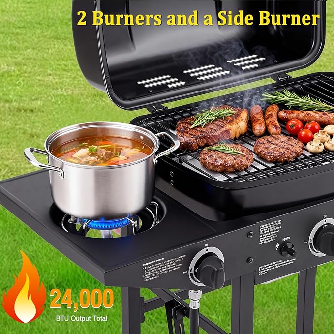 Unovivy 2-Burner Portable Propane Gas Grill with Side Burner, BBQ Grill with Built-in Thermometer, 24,000 BTU Small Camping Barbecue Grills with Oil Tray for Outdoor Cooking, Patio, Garden
