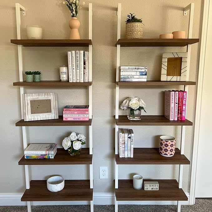 Nathan James Theo 5-Shelf Wood Modern Bookcase, Open Wall Mount Ladder Bookshelf with Industrial Metal Frame, Light Brown Oak/White