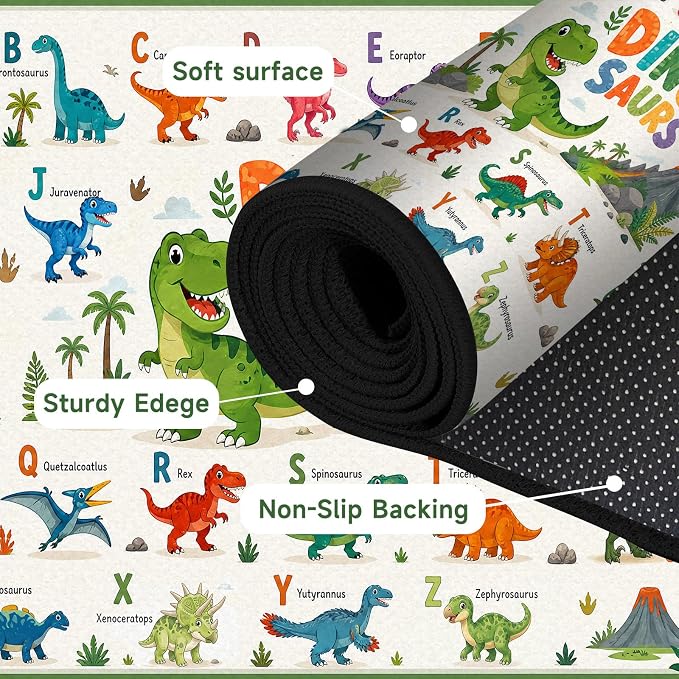 6'x9' Dinosaur Area Rug ABC Alphabet Educational Rugs for Bedroom Living Room Nursery Kitchen Playroom Home Decor Washable Cute Cartoon Dinosaur Floor Mat Carpet