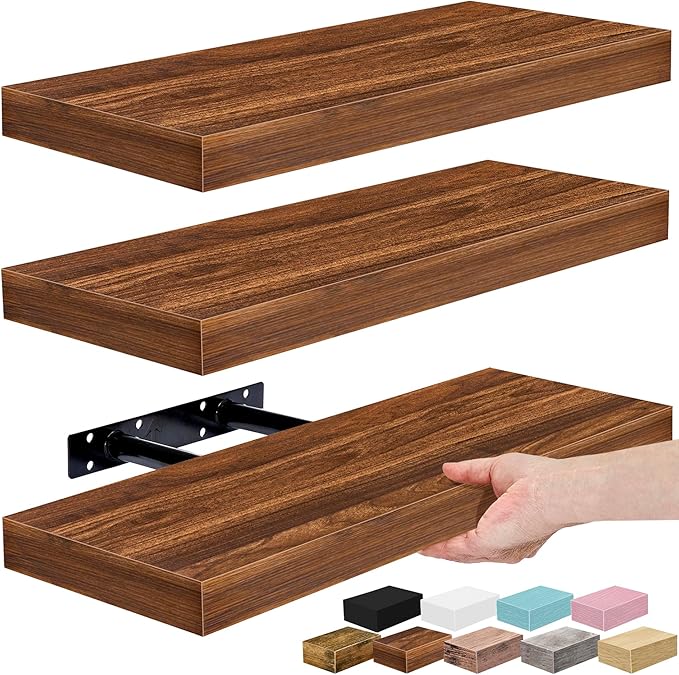 Sorbus Floating Shelves for Wall – 16 Inch Floating Shelf for Kitchen, Bedroom, Living Room, Bathroom, Home & Wall Decor - Mounted Bathroom Shelves with Invisible Brackets (Walnut, 3 Pack)
