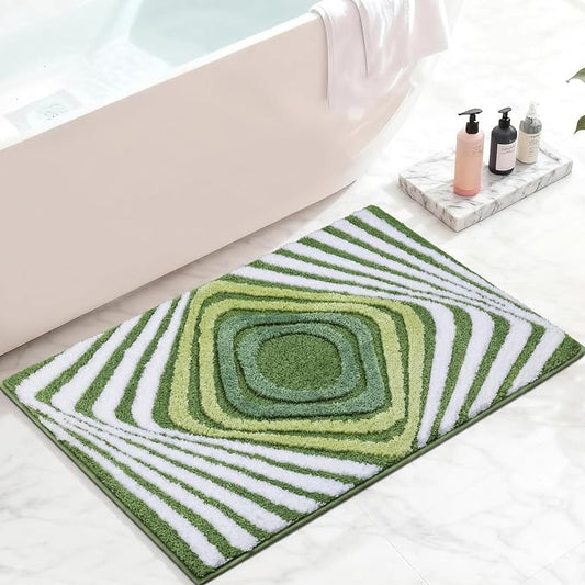 Funky Green Bathroom Rug, Non Slip Plush Microfiber Absorbent Bath Mat with 3D Striped Pattern, High Pile Tufted Shower Rug for Sink, Toilet, Tub, Machine Washable, 16"x24"