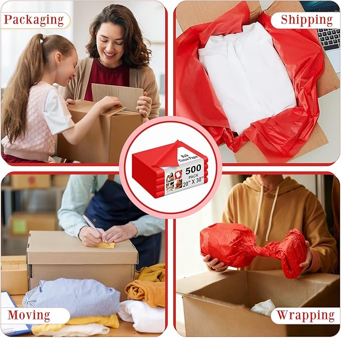 Qilery 500 Sheets Christmas Red Tissue Paper Bulk for Gift Bags 20 x 30 Inch Acid Free Wrapping Paper Sheets for Christmas Decoration DIY Crafts, Packing Supplies for Moving, Wedding Party