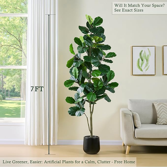 Artificial Fiddle Leaf Fig Tree：7FT Tall Faux Ficus Lyrata Plant Fake Fig Trees Realistic Green Silk Large Leaves with Natural Trunks & Pebbles in Black Planter for Indoor Outdoor Office Home.