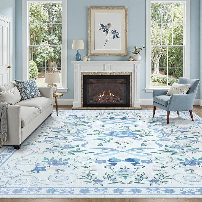 DCX Washable 9x12 Bow Rug, Blue Floral Rug for Girls’ Bedroom, Cute Soft Low Pile Indoor Décor Carpet, Kid & Pet Friendly Nursery Rug for Living Room, Dorm, Playroom