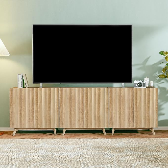 Bifins Sideboard Buffet Cabinet with Storage Set of 3, 92.1" Mid Century Modern Fluted Storage Cabinet with Doors & Adjustable Shelves for Living Room,Kitchen,Entryway (Natural 3pcs)