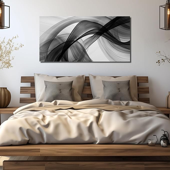 JuhaiArt Abstract Wall Art Large Black Picture Wall Decor White Canvas Art Modern Minimalist for Living Room Office 24"x 48" Monochrome Artwork