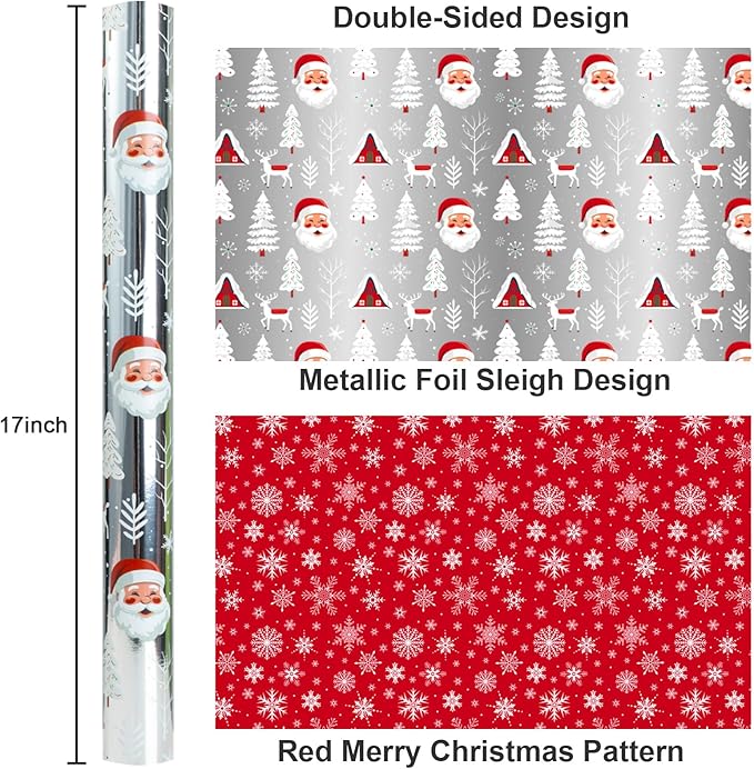 MAYPLUSS Reversible Christmas Wrapping Paper Roll - 17 Inch X 33 Feet - Vintage Santa Claus Silver Christmas Snowy Forest Design w/Metallic Foil Shine Winter Gift Wrap Paper for Holiday, Celebration