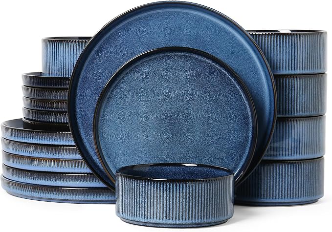 MONITO Ceramic Dinnerware Sets for 6, 18PCS Stoneware Plates and Bowls Sets, Reactive Glaze Dish Set, Chip and Scratch Resistant Double, Microwave and Dishwasher Safe, Dark Blue