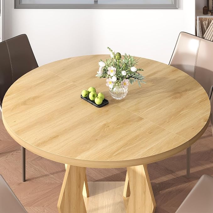 IBF Round Dining Table for 4-6 People,47 Inches Dining Room Table with Wooden Pedestal Base,Circle Dining Room Table for Kitchen,Office,Apartment,Living Room,Oak